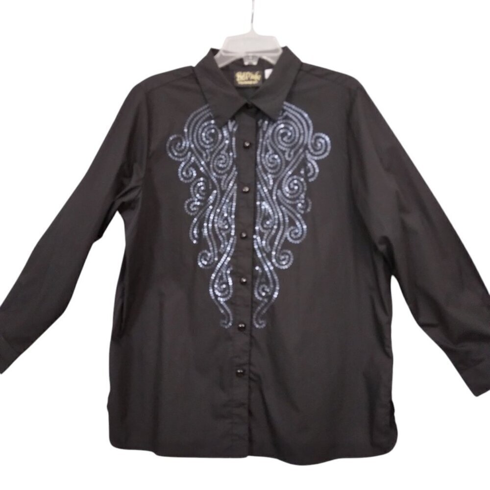Bob Mackie | Cotton Sequin Shirt Blouse Black Button Front | Size L